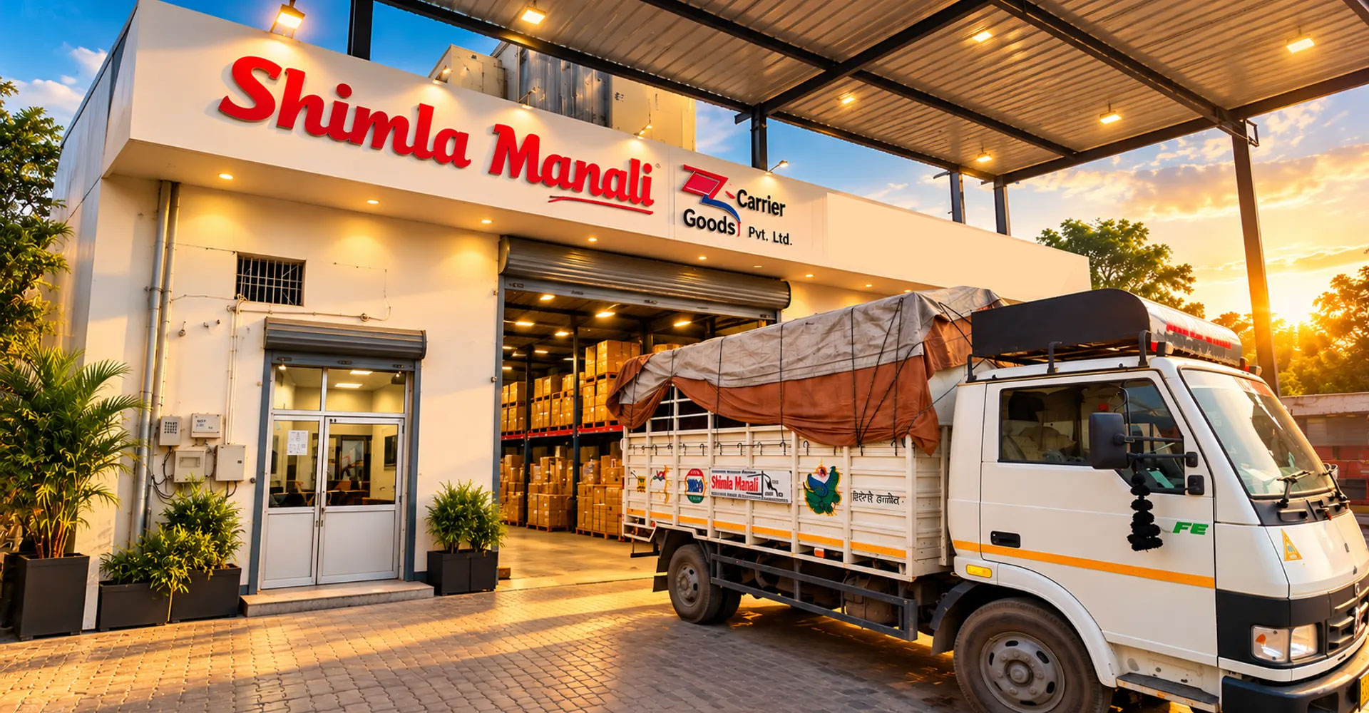 Shimla Manali Goods Carrier head office and goods depot in Chandigarh with loaded transport truck