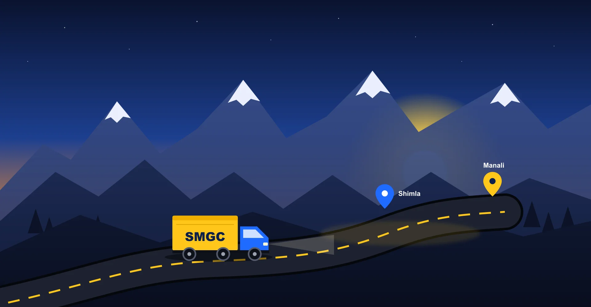 Illustration of an SMGC truck on a Himachal mountain road between Shimla and Manali